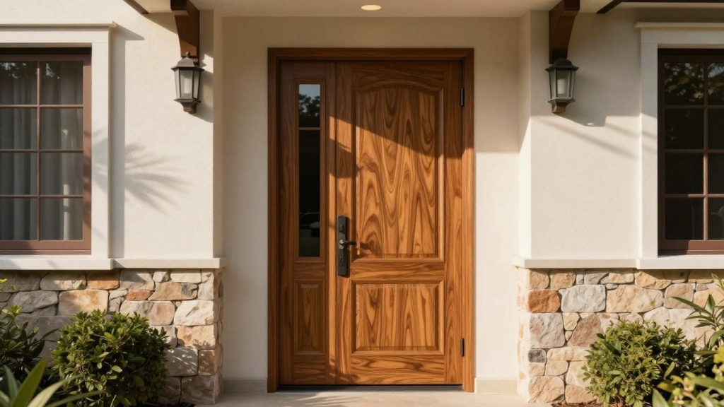 Fibreglass entry door with wood grain texture.