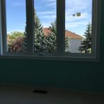 Three-panel white-framed window overlooking trees and house